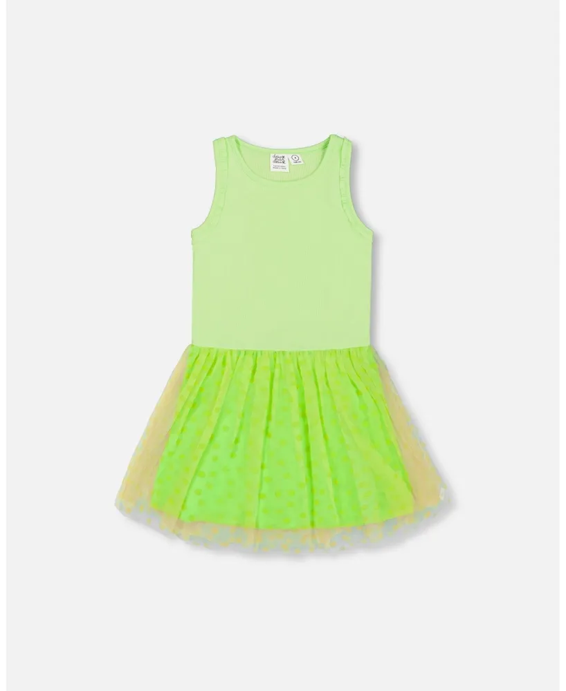 Girl Shiny Ribbed Dress With Mesh Flocking Flowers Lime - Toddler Child