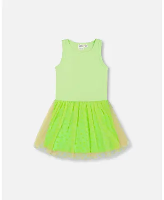 Girl Shiny Ribbed Dress With Mesh Flocking Flowers Lime