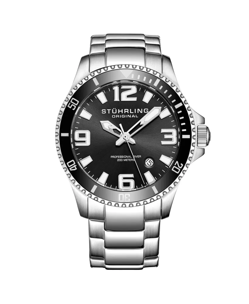 Men's Stainless Steel Case on Link Bracelet, Black Bezel Watch, Black Dial, with White and Silver Accents