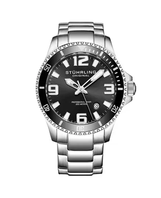 Men's Stainless Steel Case on Link Bracelet, Black Bezel Watch, Black Dial, with White and Silver Accents