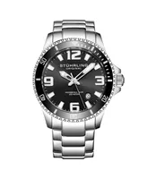 Men's Stainless Steel Case on Link Bracelet, Black Bezel Watch, Black Dial, with White and Silver Accents