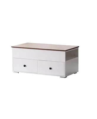 Simplie Fun Luna White Coffee Table With Brown Walnut Finish Lift Top, 2 Drawers, And 2 Shelves