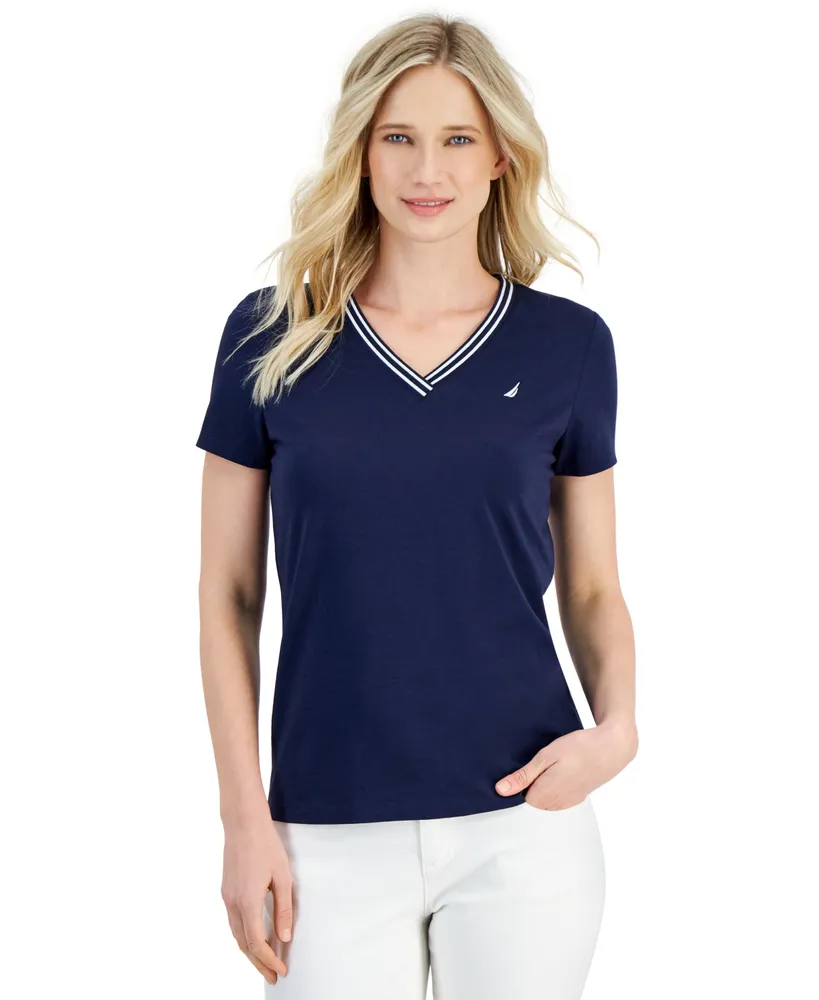 Nautica Jeans Women's Solid Stripe-Trim V-Neck