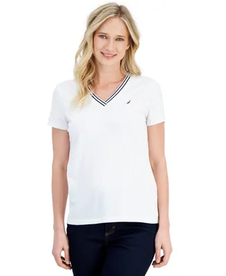 Nautica Jeans Women's Solid Stripe-Trim V-Neck