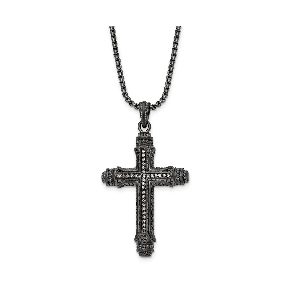 Chisel Brushed Metal Ip-plated Cz Cross Pendant Box Chain Necklace