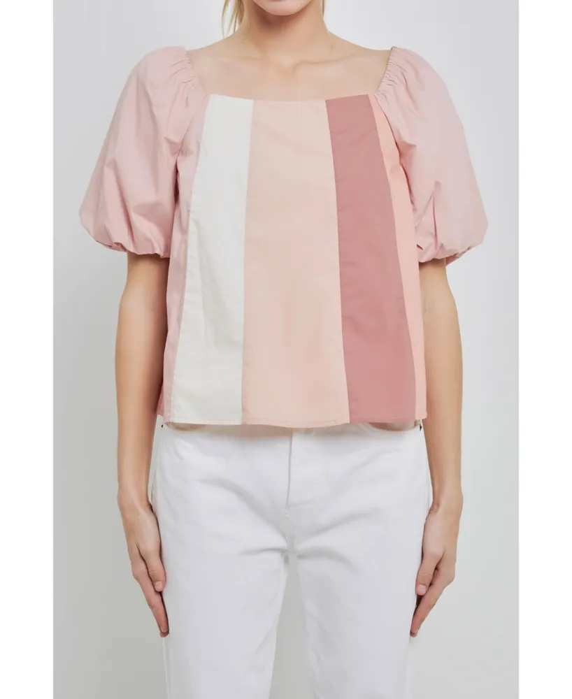 Women's Color Blocked Top with Short Puff Sleeves