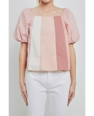 Women's Color Blocked Top with Short Puff Sleeves