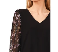 CeCe Women's Floral V-Neck Mix Media 3/4-Sleeve Knit Top