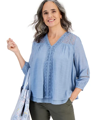 Style & Co Women's 3/4-Sleeve Embroidered Lace Top, Created for Macy's