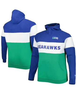 Men's New Era Kelly Green Distressed Seattle Seahawks Big and Tall Throwback Colorblock Raglan Pullover Hoodie