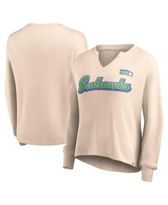 Women's Fanatics Tan Distressed Seattle Seahawks Go For It Notch Neck Waffle Knit Long Sleeve T-shirt