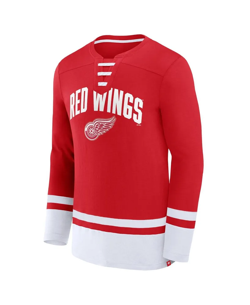 Men's Fanatics Red Detroit Wings Back Pass Lace-Up Long Sleeve T-shirt