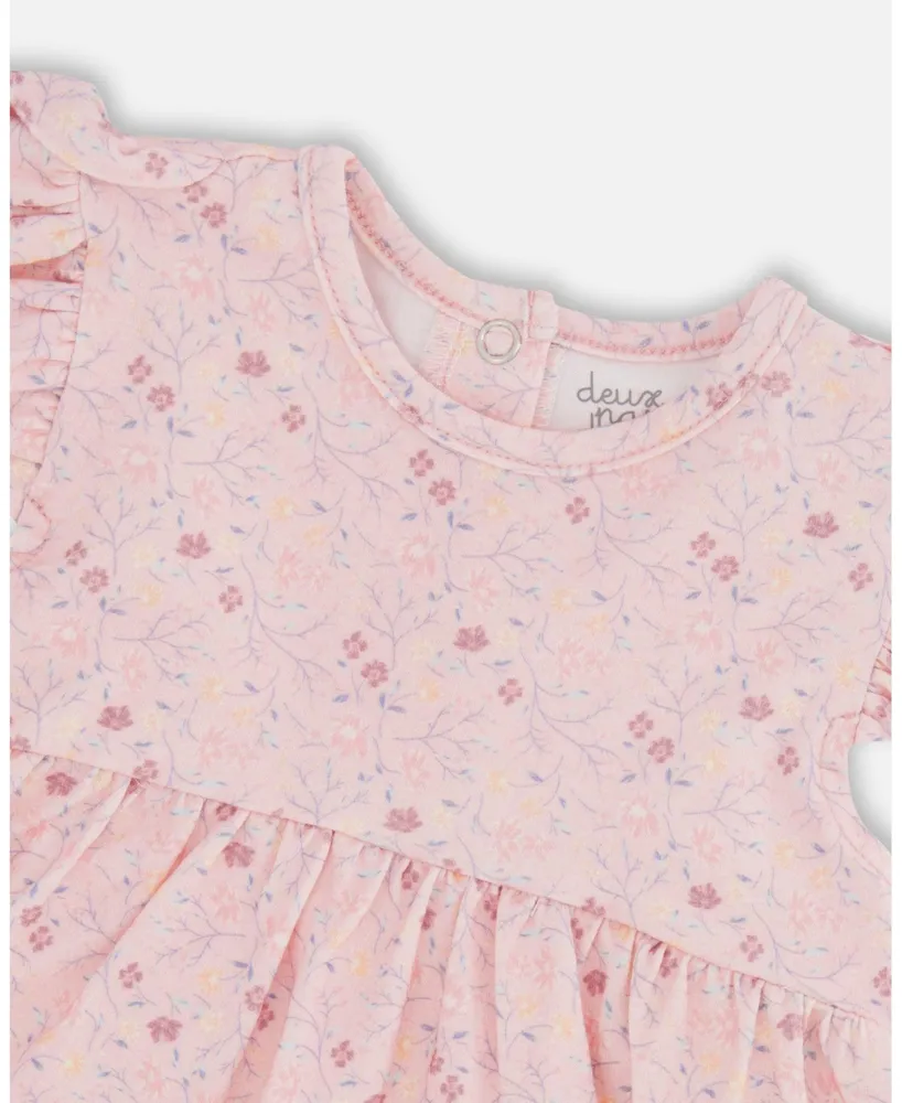 Baby Girl Organic Cotton Long Tunic And Leggings Set Printed Pink Small Flowers - Infant