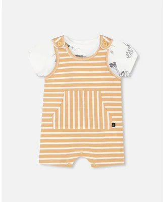 Baby Boy Organic Cotton Onesie And Shortall Set Sand Stripe - Infant