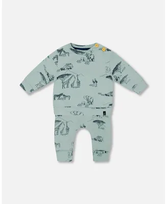 Baby Boy Organic Cotton Printed Top And Evolutive Pant Set With Jungle