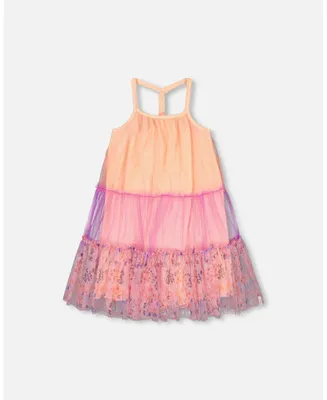 Girl Sleeveless Color block Mesh Dress Lavender And Salmon