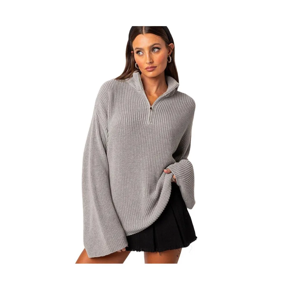 Edikted Women's Oversized Quarter Zip High Neck Rib Sweater - Gray