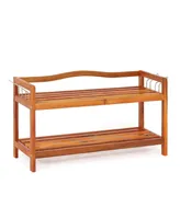 Tier Acacia Wood Shoe Rack with Side Metal Hooks