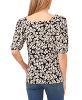 CeCe Women's Ditsy Floral Square Neck Puff Sleeve Knit Top