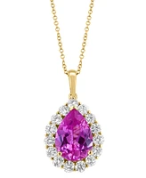 Effy Lab Grown Pink Sapphire (5-5/8 ct. t.w) & Lab Grown Diamond (1-1/3 ct. t.w.) Pear Halo 18" Pendant Necklace in 14k Gold