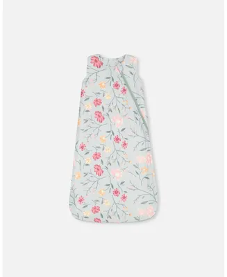 Baby Girl Cotton Muslin Sleep Bag Light Blue With Printed Romantic Flowers - Infant