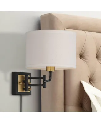 Joelle Mid Century Modern Swing Arm Wall Lamp Black Antique Brass Metal Plug-In Light Fixture Drum Shade for Bedroom Bedside House Reading Living Room