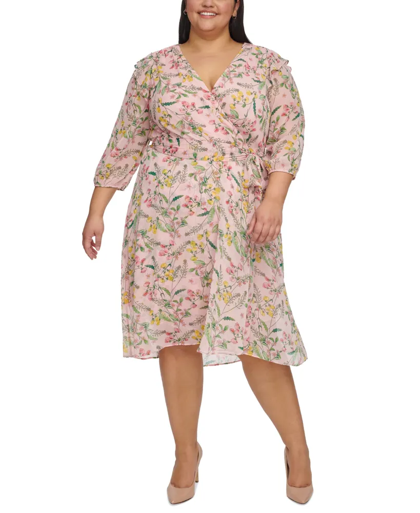 Tommy Hilfiger Plus Size Floral Chiffon 3/4-Sleeve Midi Dress