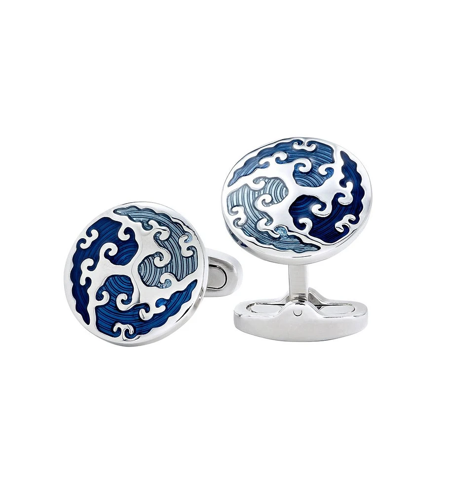 Round Cufflinks with Blue Enamel Wave Overlay