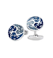 Round Cufflinks with Blue Enamel Wave Overlay