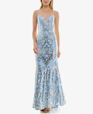 B Darlin Juniors' Strappy-Back Patterned Sequin Gown