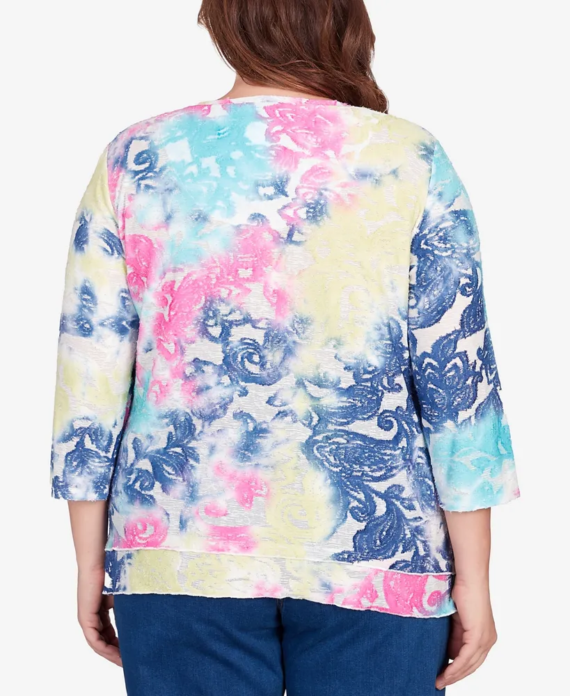 Alfred Dunner Plus Full Bloom Torn Jacquard Tie Dye Top