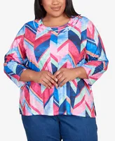 Alfred Dunner Plus Full Bloom Triple Notch Neck Geometric Top