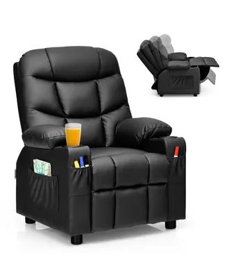 Costway Kids Youth Recliner Chair Pu Leather w/Cup Holders & Side Pockets