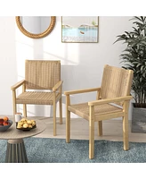 Patio Chair Set of 2 Rubber Wood Dining Armchairs Paper Rope Woven Seat