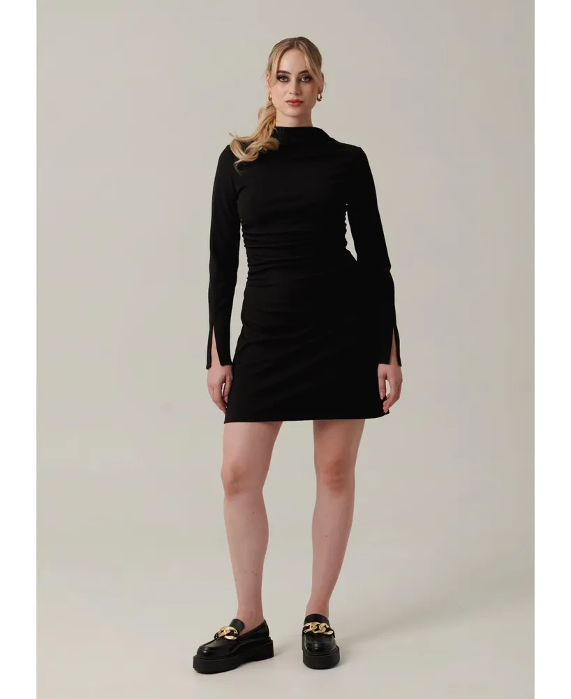 Nana'S Women's Long sleeve & comfortable mini dress with pleated details near waistline, slits on sleeves