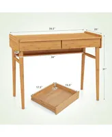 Bamboo Writing Desk 39.5'' Computer Study Desk with 2 Storage Drawers & Open Shelf