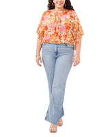 Vince Camuto Plus Size Floral Pintuck V-Neck 3/4- Flutter-Sleeve Blouse