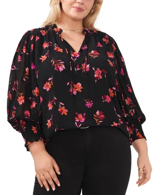 Vince Camuto Plus Size Printed Pleated-Sleeve Top