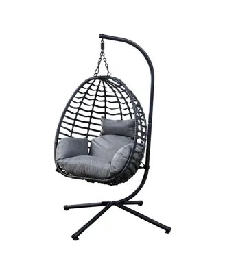 Simplie Fun Artisan Outdoor Wicker Swing Chair With Stand For Balcony, 37" Lx35" Dx78" H (Grey)