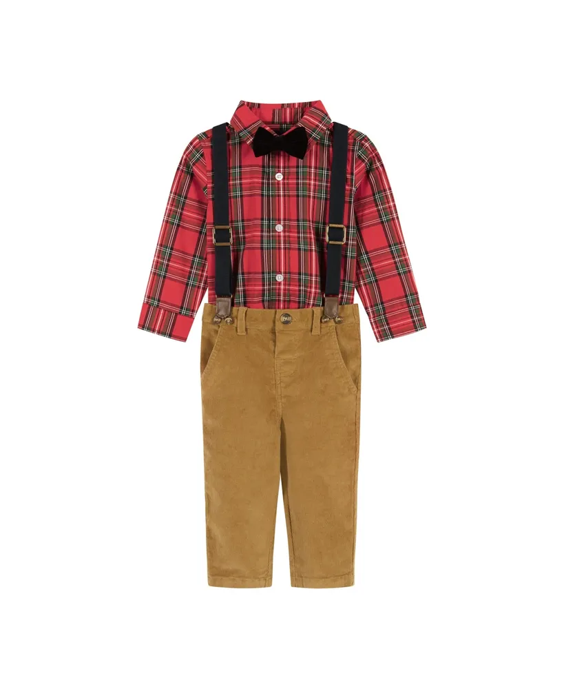 Infant Boys Red Plaid Flannel Button-down w/Suspenders Set