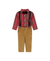 Infant Boys Red Plaid Flannel Button-down w/Suspenders Set