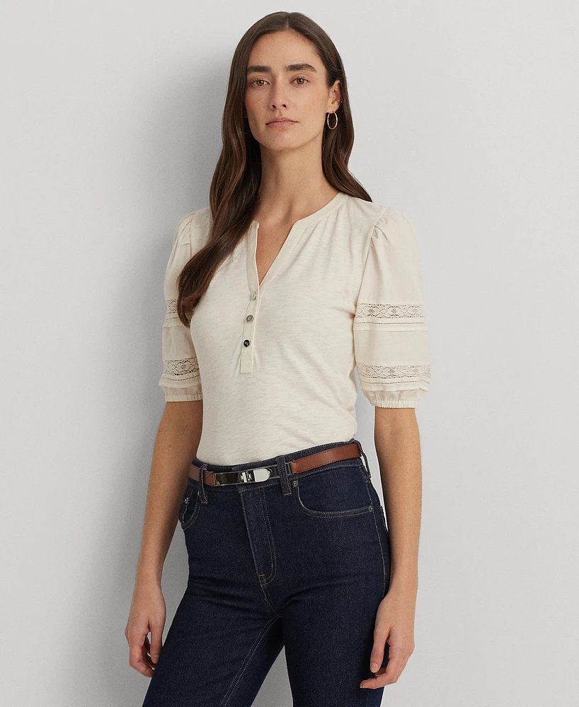 Lauren Ralph Petite Lace-Trim Puff-Sleeve Henley Tee