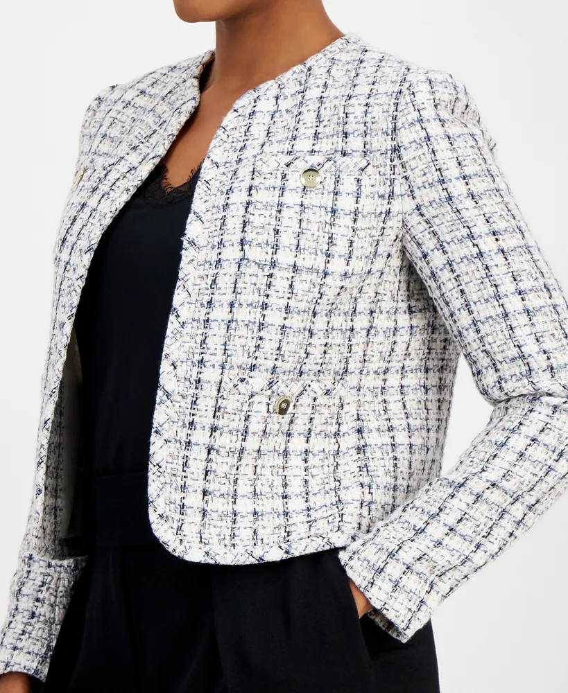 Bar Iii Women's Tweed Cropped Collarless Jacket, Created for Macy's