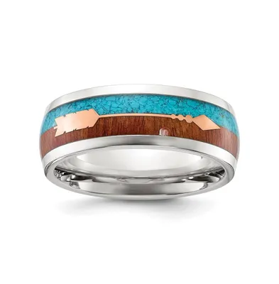 Chisel Stainless Steel Arrow with Turquoise and Wood Inlay Band Ring