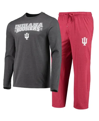 Men's Concepts Sport Crimson, Heathered Charcoal Distressed Indiana Hoosiers Meter Long Sleeve T-shirt and Pants Sleep Set