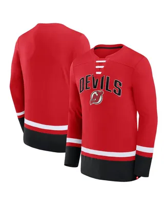 Men's Fanatics Red New Jersey Devils Back Pass Lace-Up Long Sleeve T-shirt
