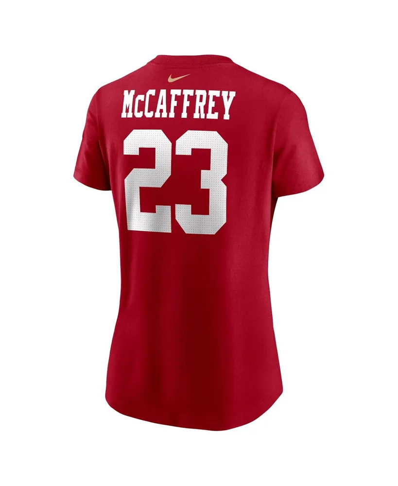 Women's Nike Christian McCaffrey Scarlet San Francisco 49ers Player Name and Number T-shirt