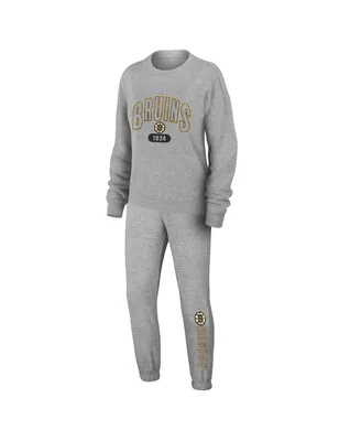 Women's Wear by Erin Andrews Heather Gray Boston Bruins Knit Long Sleeve Tri-Blend T-shirt and Pants Sleep Set