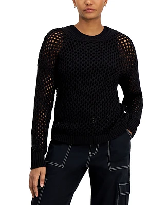 Hooked Up by Iot Juniors' Crewneck Long-Sleeve Mesh Sweater