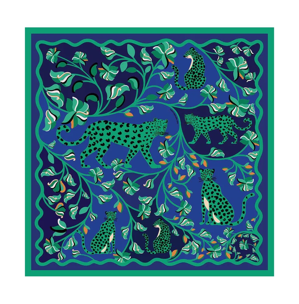 Jessie Zhao New York Double Sided Silk Scarf Of Leopards In The Verdant Wild